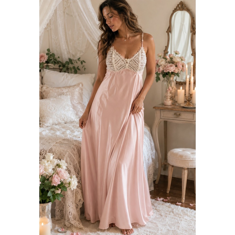 Flora by Flora Nikrooz L Pink Satin Lace Slip Dress Pearl Trim Bridal Maxi